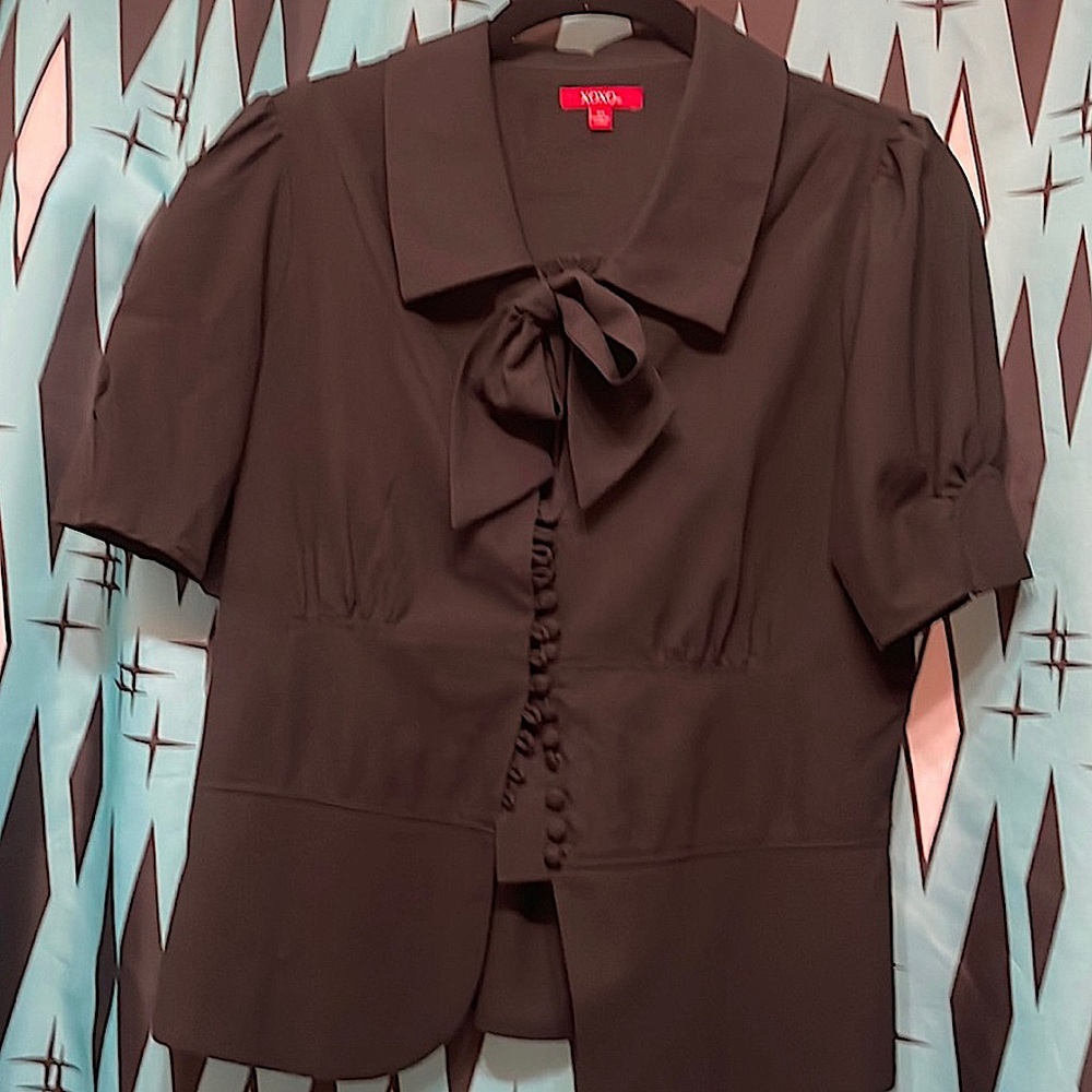 Puff Sleeve Peplum Collared Tie Neck Button Down Blouse-sz Medm
